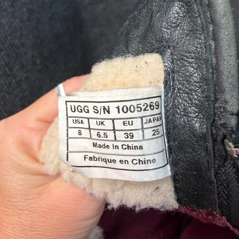UGG Simmens Waterproof Boots Womens 8 Black Leather Wool Lined Zip Winter Moto